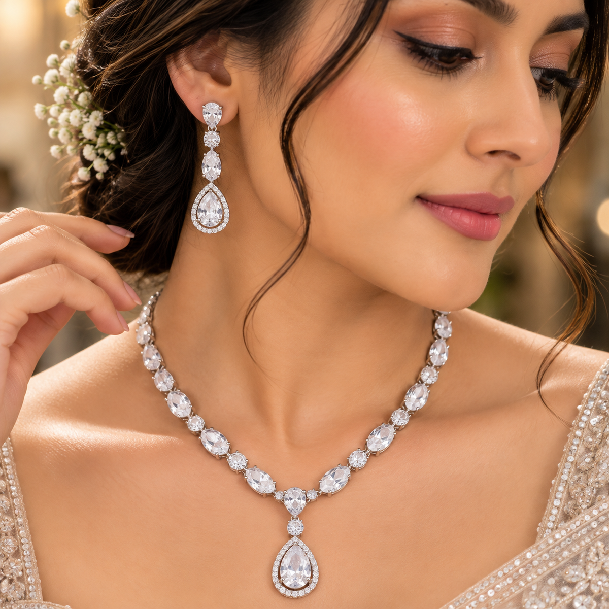 Alisha Solitaire Style CZ Necklace Set