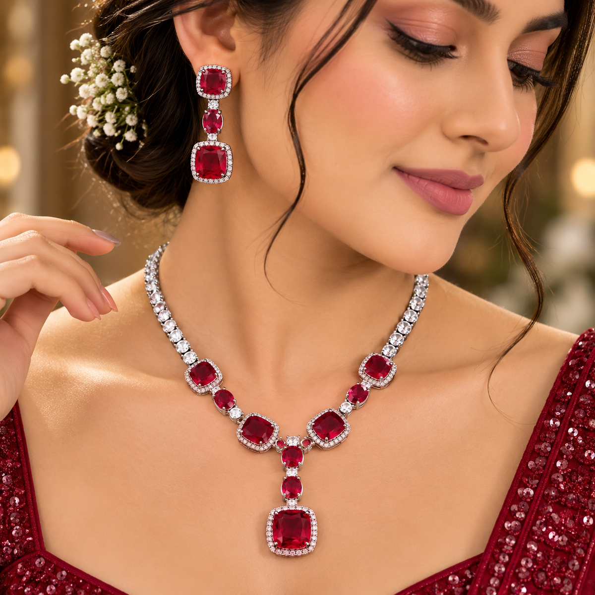 Vaani Ruby Red American Daimond Necklace Set