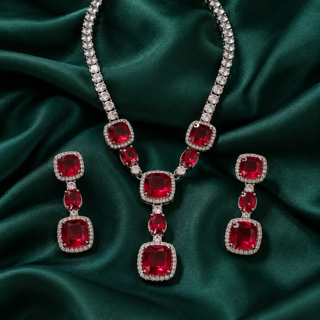 Vaani Ruby Red American Daimond Necklace Set