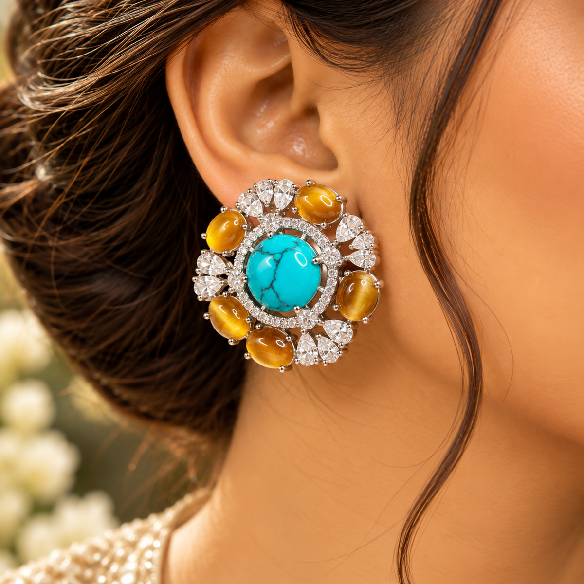 Floral Cabochon Statement Studs