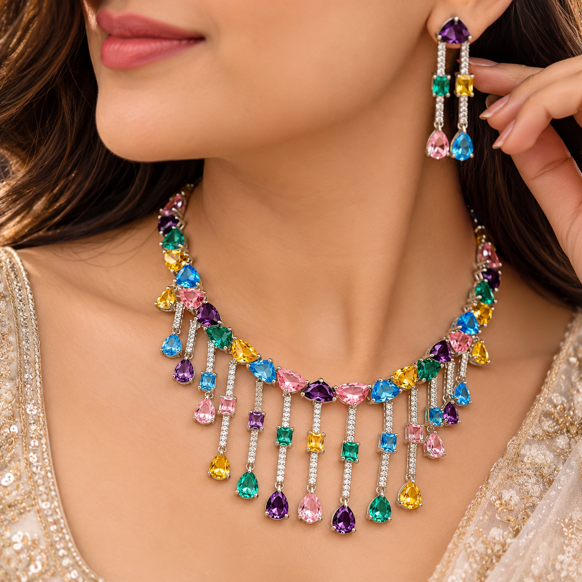 Hansika Multi Color CZ Necklace Set