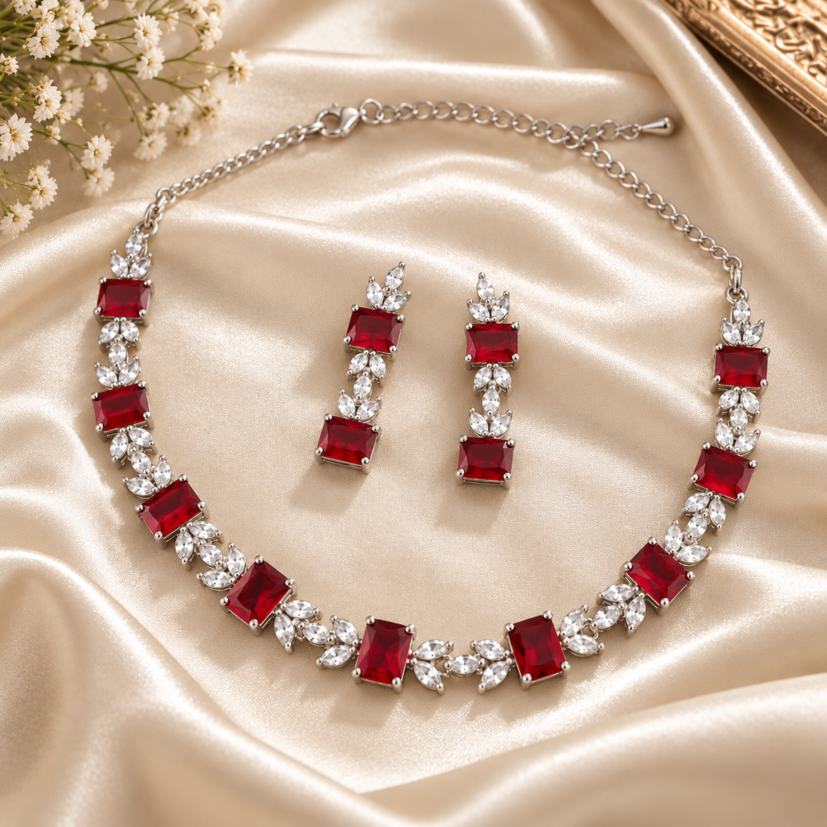 Naira Ruby Red American Daimond Necklace set